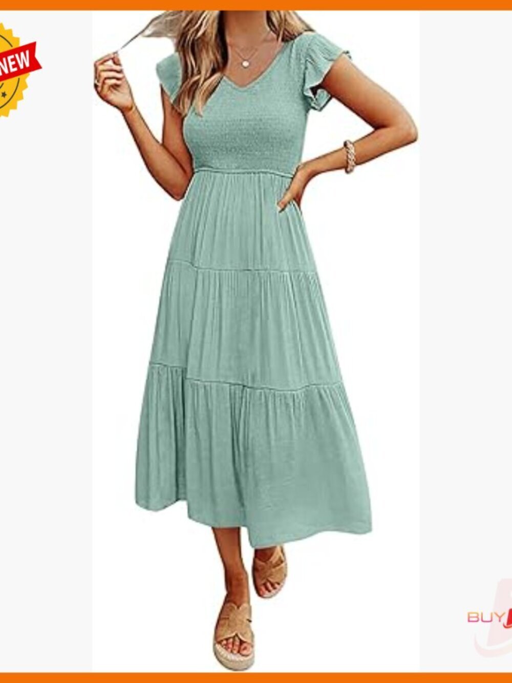 Flutter Sleeve Midi Dress Smocked Tiered V Neck Casual Summer